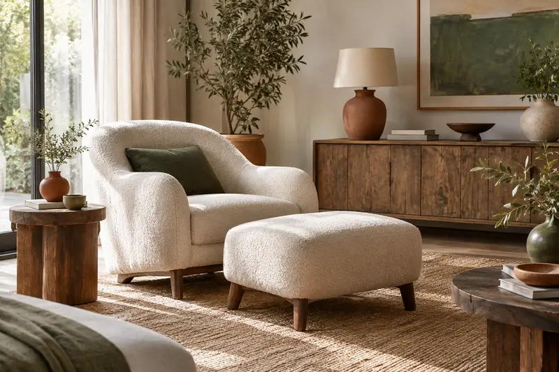 Fauteuil et repose-pieds dans un coin de salon aux matières naturelles et à la lumière douce
