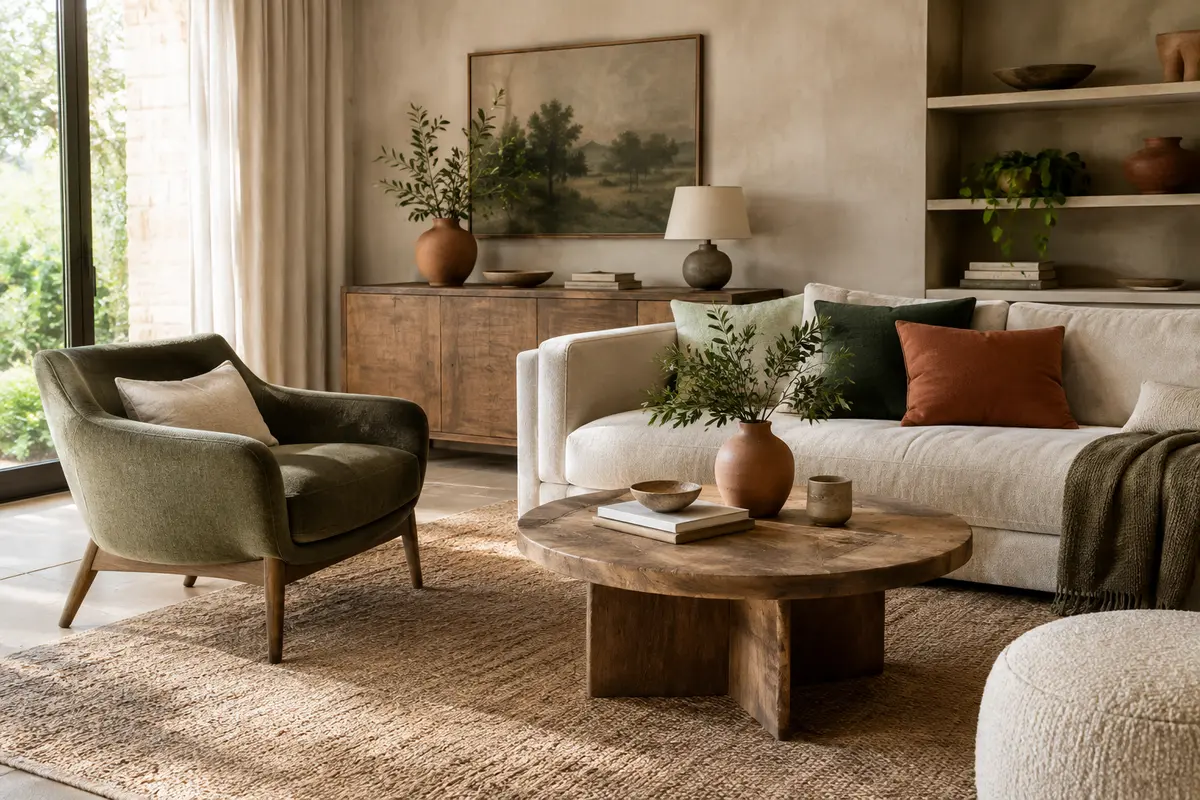 Fauteuil et canapé dans un salon lumineux aux matières texturées et aux tons naturels